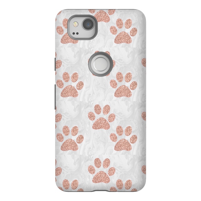 Pixel 2 StrongFit Rose Gold Paw Prints on Marble by Julie Erin Designs