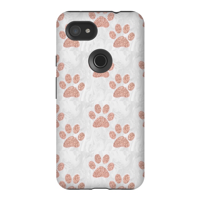 Pixel 3AXL StrongFit Rose Gold Paw Prints on Marble by Julie Erin Designs