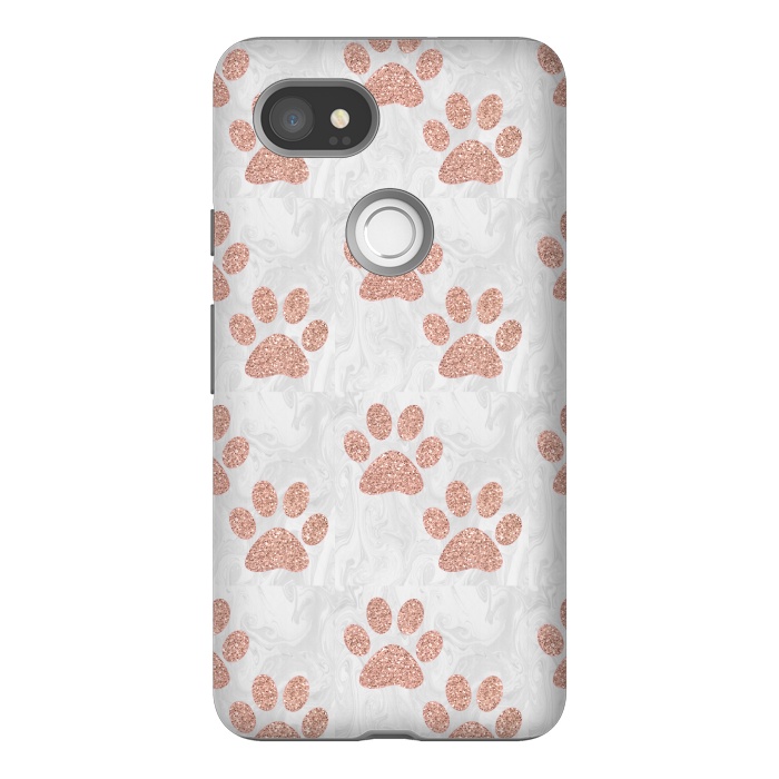 Pixel 2XL StrongFit Rose Gold Paw Prints on Marble by Julie Erin Designs