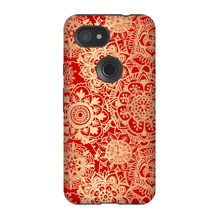 Pixel 3A StrongFit Red and Gold Mandala Pattern by Julie Erin Designs