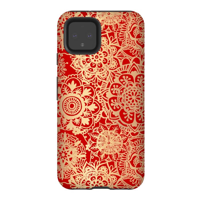 Pixel 4 StrongFit Red and Gold Mandala Pattern by Julie Erin Designs