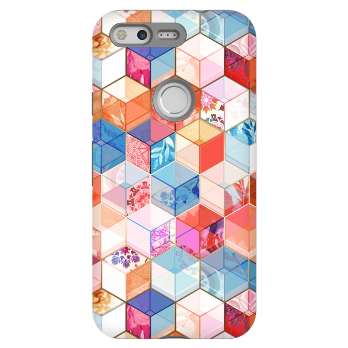 Pixel StrongFit Coral, Cream and Cobalt Kaleidoscope Cubes by Micklyn Le Feuvre