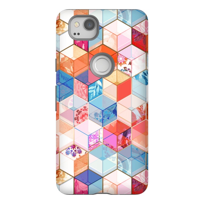Pixel 2 StrongFit Coral, Cream and Cobalt Kaleidoscope Cubes by Micklyn Le Feuvre