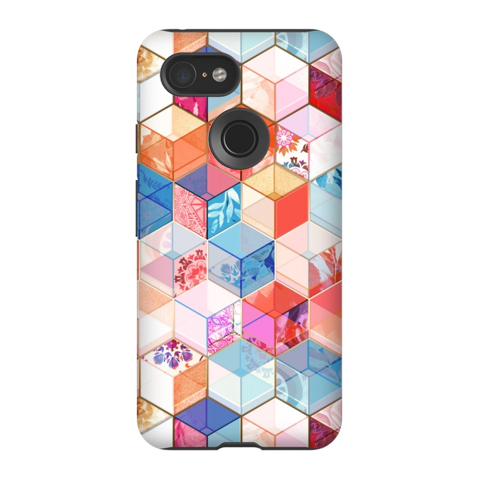 Pixel 3 StrongFit Coral, Cream and Cobalt Kaleidoscope Cubes by Micklyn Le Feuvre
