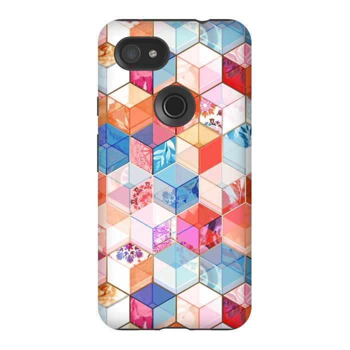 Pixel 3AXL StrongFit Coral, Cream and Cobalt Kaleidoscope Cubes by Micklyn Le Feuvre