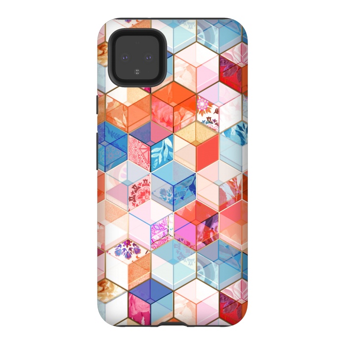 Pixel 4XL StrongFit Coral, Cream and Cobalt Kaleidoscope Cubes by Micklyn Le Feuvre