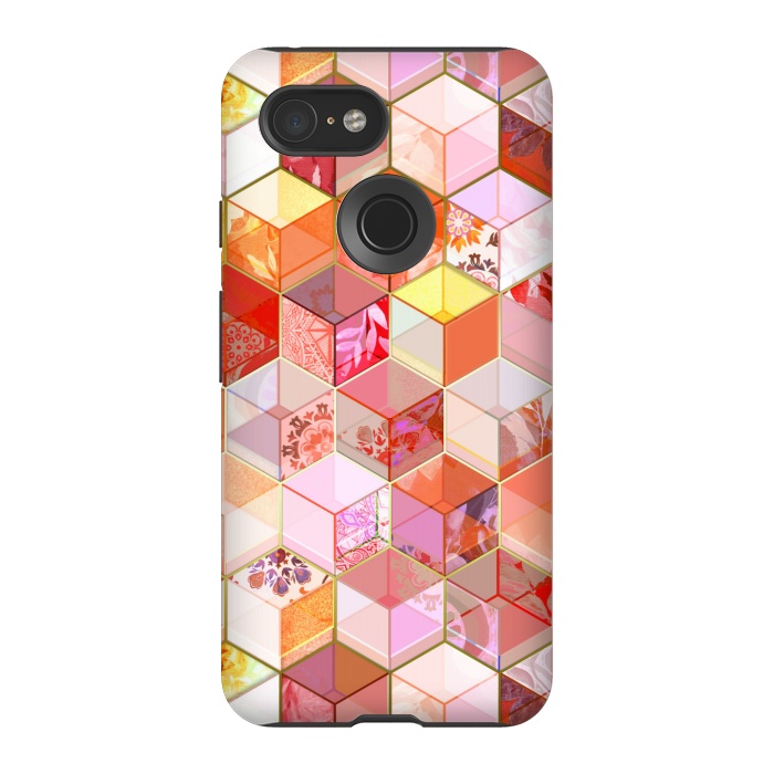Pixel 3 StrongFit Gold and Garnet Kaleidoscope Cubes by Micklyn Le Feuvre