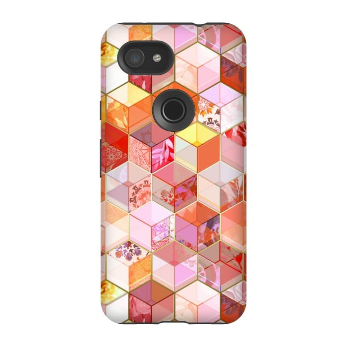 Pixel 3A StrongFit Gold and Garnet Kaleidoscope Cubes by Micklyn Le Feuvre