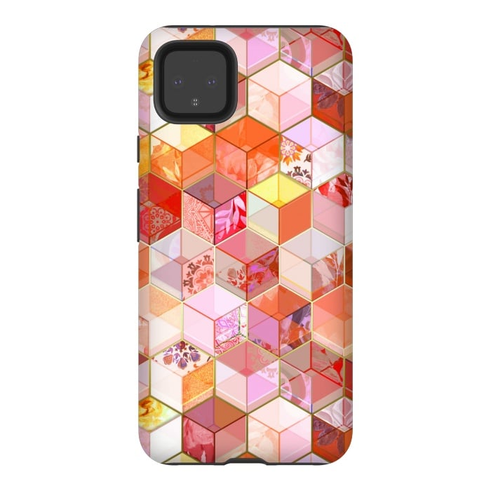 Pixel 4XL StrongFit Gold and Garnet Kaleidoscope Cubes by Micklyn Le Feuvre
