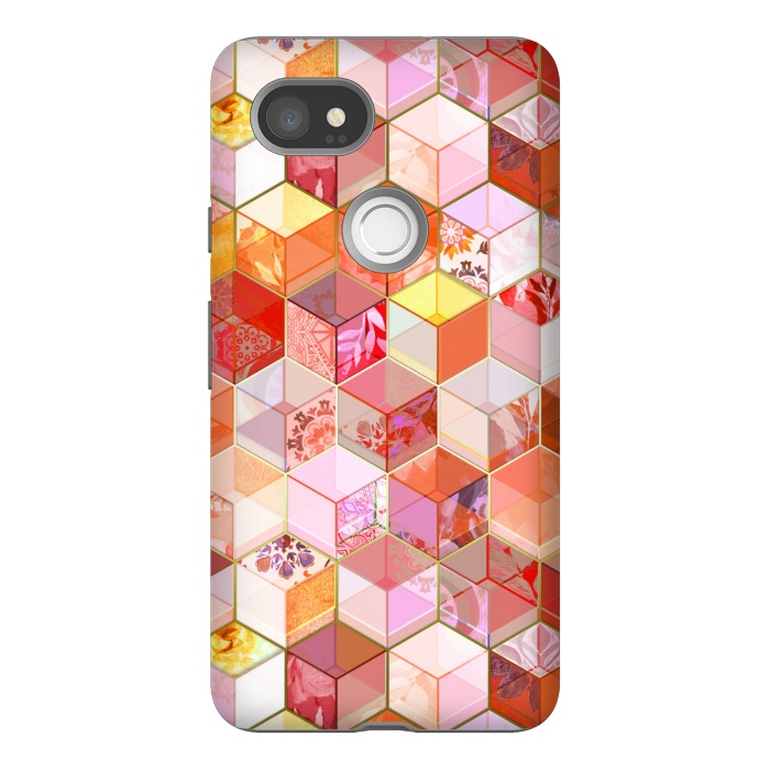 Pixel 2XL StrongFit Gold and Garnet Kaleidoscope Cubes by Micklyn Le Feuvre