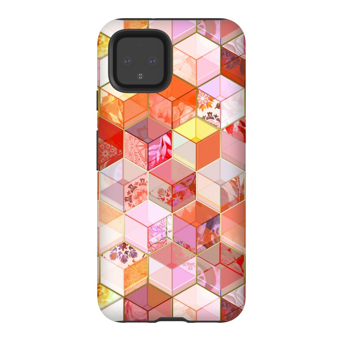 Pixel 4 StrongFit Gold and Garnet Kaleidoscope Cubes by Micklyn Le Feuvre