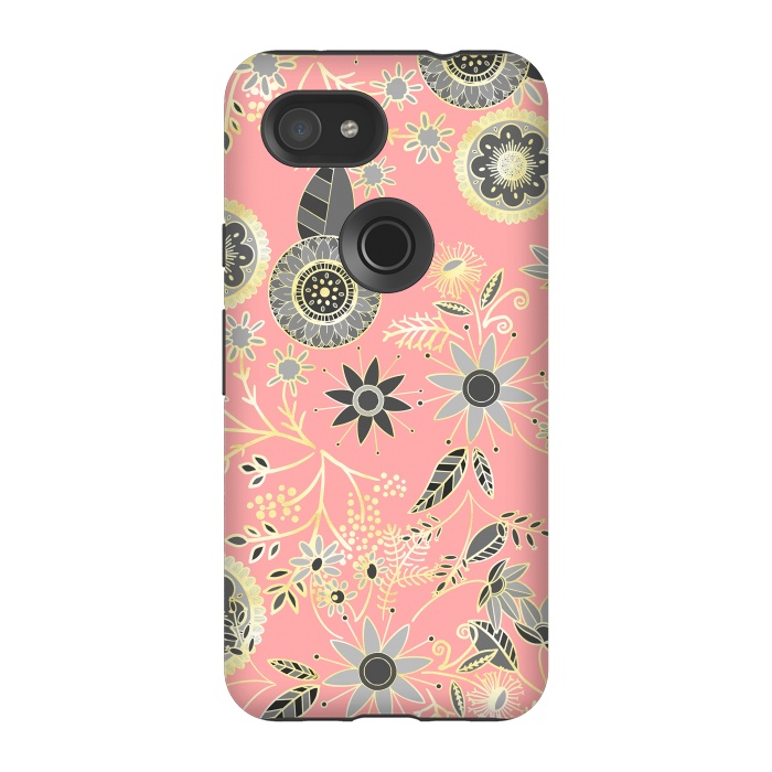 Pixel 3A StrongFit Elegant Gray and Pink Folk Floral Golden Design by InovArts