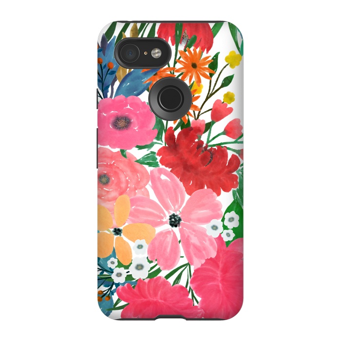 Pixel 3 StrongFit Trendy Pink watercolor Floral Bouquet White Design by InovArts