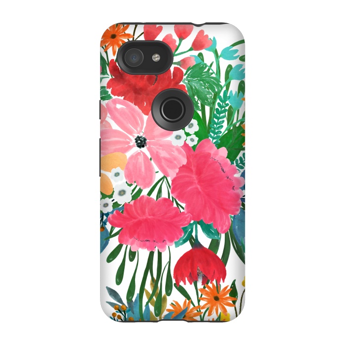 Pixel 3A StrongFit Trendy Pink watercolor Floral Bouquet White Design by InovArts