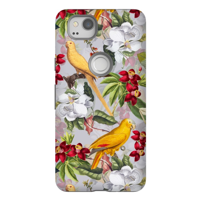 Pixel 2 StrongFit Antique Yellow Parrots in Flower Jungle by  Utart