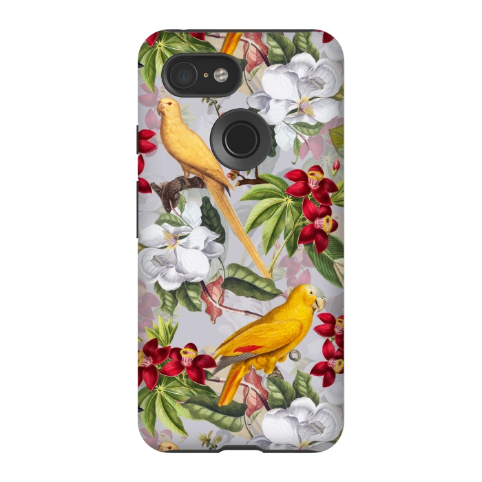 Pixel 3 StrongFit Antique Yellow Parrots in Flower Jungle by  Utart
