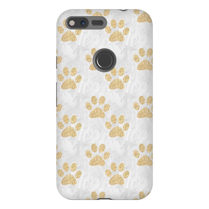 Pixel XL StrongFit Gold Paw Prints on Marble by Julie Erin Designs