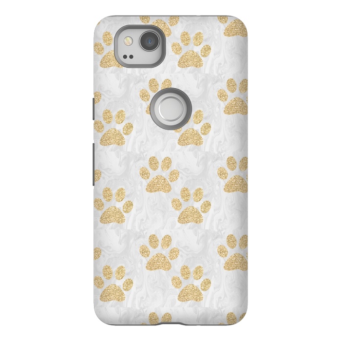 Pixel 2 StrongFit Gold Paw Prints on Marble by Julie Erin Designs