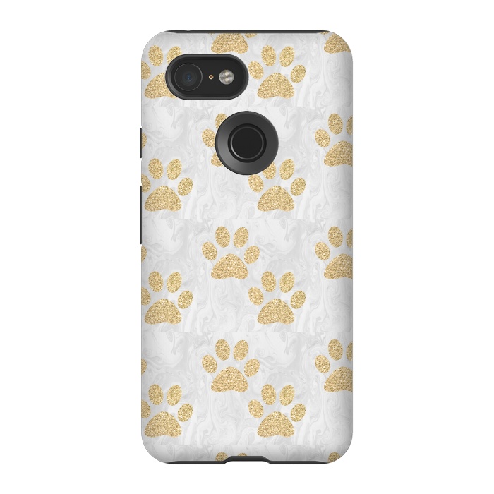 Pixel 3 StrongFit Gold Paw Prints on Marble by Julie Erin Designs