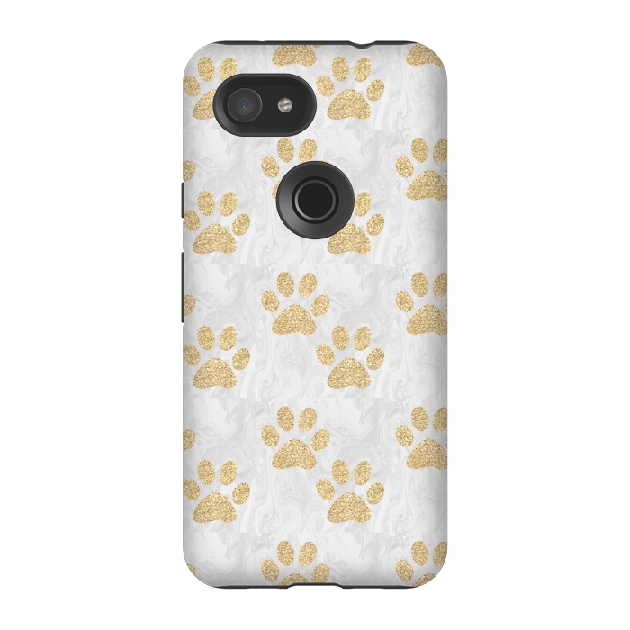 Pixel 3A StrongFit Gold Paw Prints on Marble by Julie Erin Designs