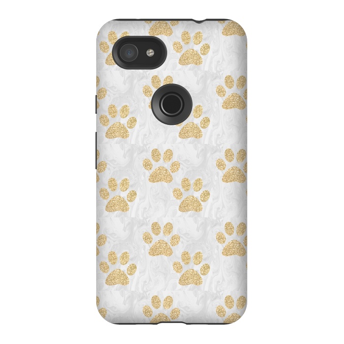 Pixel 3AXL StrongFit Gold Paw Prints on Marble by Julie Erin Designs