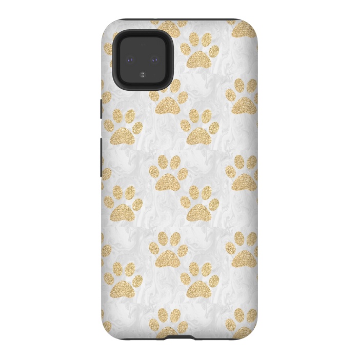 Pixel 4XL StrongFit Gold Paw Prints on Marble by Julie Erin Designs