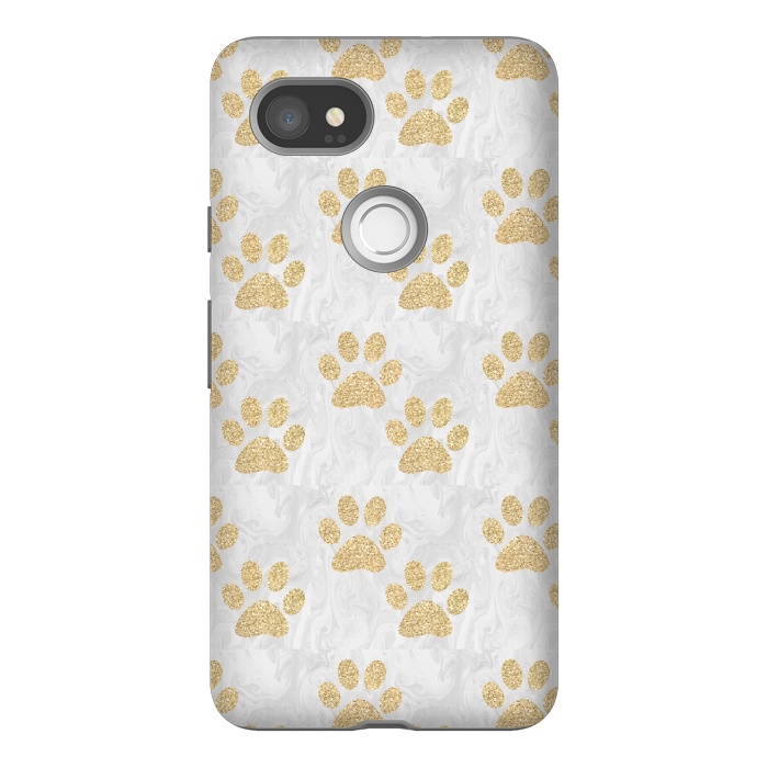 Pixel 2XL StrongFit Gold Paw Prints on Marble by Julie Erin Designs