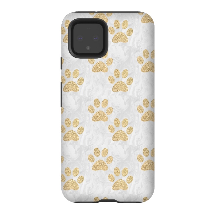 Pixel 4 StrongFit Gold Paw Prints on Marble by Julie Erin Designs