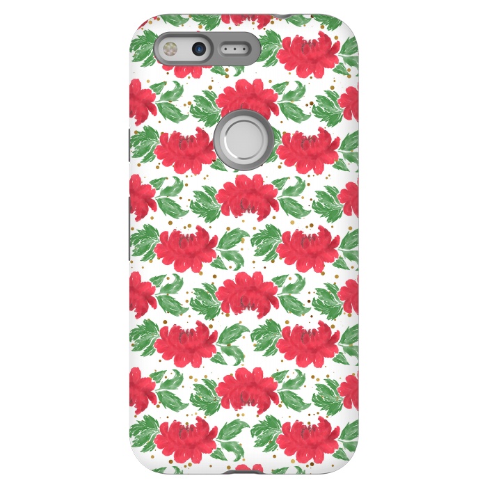 Pixel StrongFit Watercolor Winter Red Flowers Gold Dots Artwork by InovArts