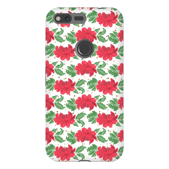 Pixel XL StrongFit Watercolor Winter Red Flowers Gold Dots Artwork by InovArts