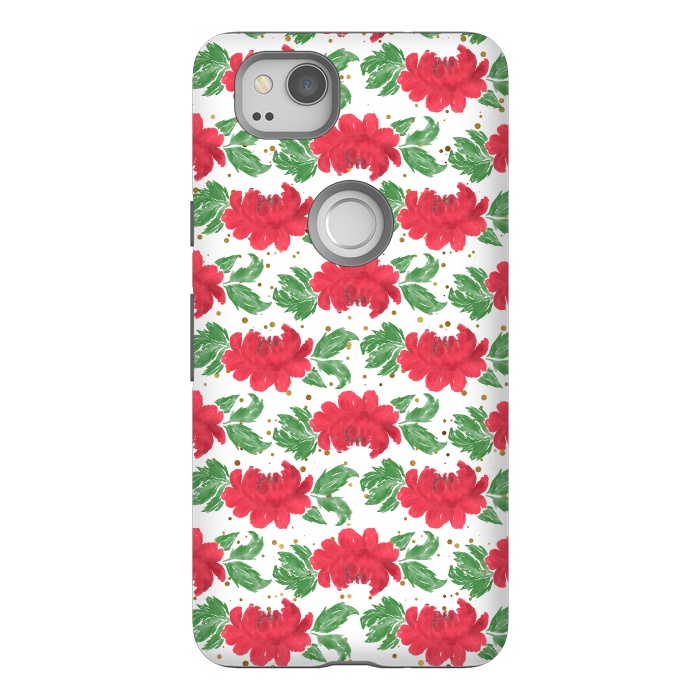 Pixel 2 StrongFit Watercolor Winter Red Flowers Gold Dots Artwork by InovArts