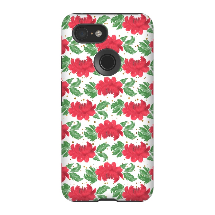 Pixel 3 StrongFit Watercolor Winter Red Flowers Gold Dots Artwork by InovArts