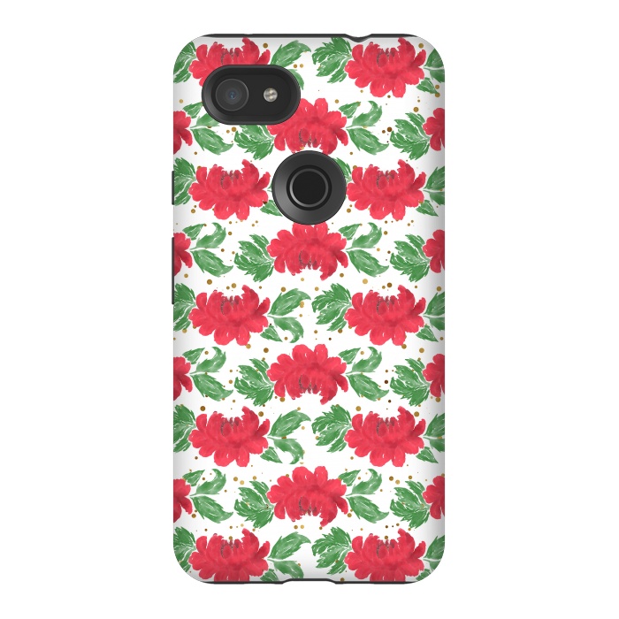 Pixel 3AXL StrongFit Watercolor Winter Red Flowers Gold Dots Artwork by InovArts