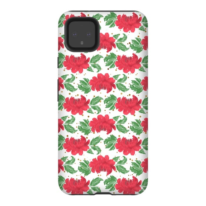 Pixel 4XL StrongFit Watercolor Winter Red Flowers Gold Dots Artwork by InovArts