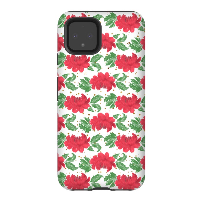 Pixel 4 StrongFit Watercolor Winter Red Flowers Gold Dots Artwork by InovArts