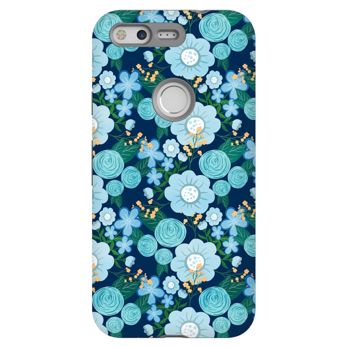 Pixel StrongFit Cute Girly Blue Hand Drawn Flowers Pattern by InovArts