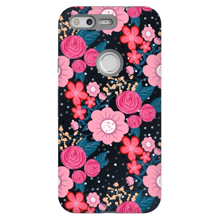 Pixel StrongFit Pretty girly pink Floral Silver Dots Gray design by InovArts