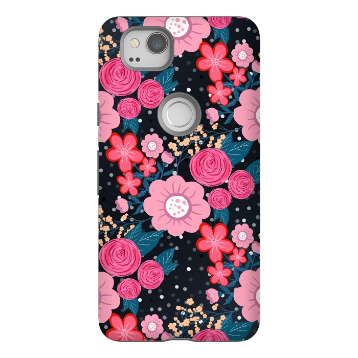 Pixel 2 StrongFit Pretty girly pink Floral Silver Dots Gray design by InovArts