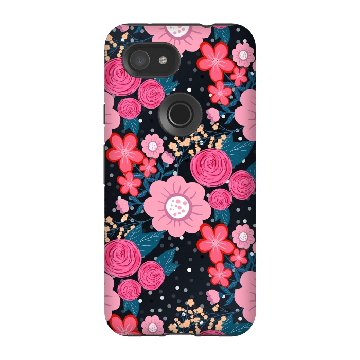 Pixel 3A StrongFit Pretty girly pink Floral Silver Dots Gray design by InovArts