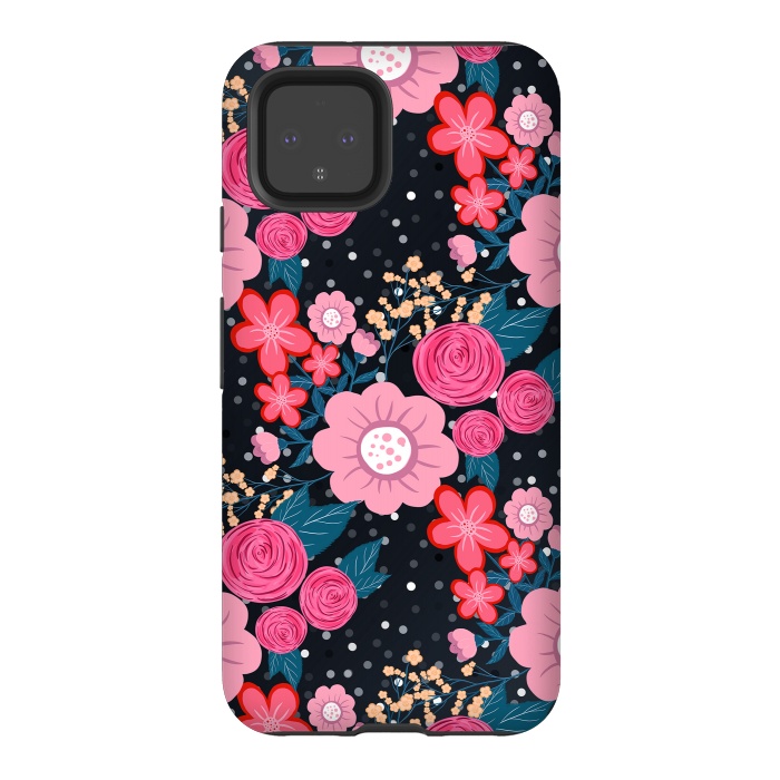 Pixel 4 StrongFit Pretty girly pink Floral Silver Dots Gray design by InovArts