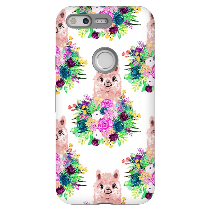 Pixel StrongFit Cute Pink Alpaca and Flowers Watercolor paint by InovArts
