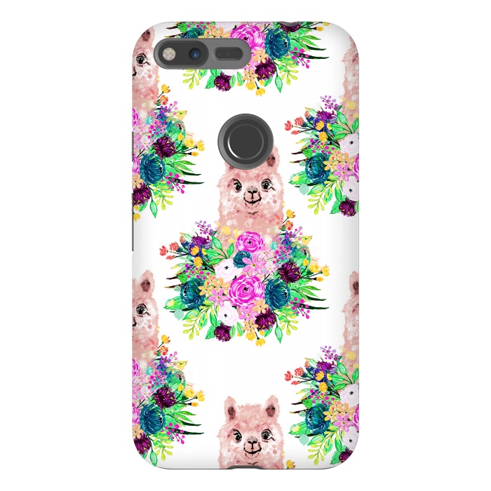 Pixel XL StrongFit Cute Pink Alpaca and Flowers Watercolor paint by InovArts