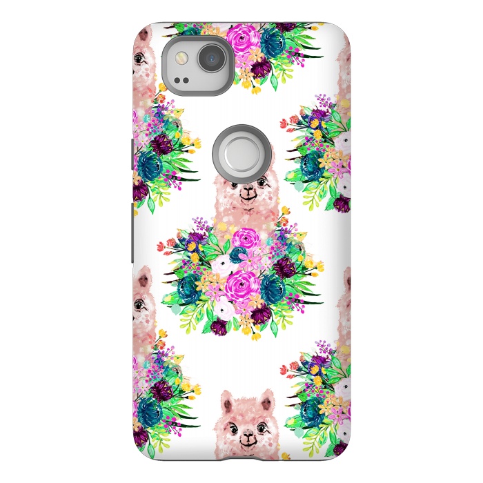 Pixel 2 StrongFit Cute Pink Alpaca and Flowers Watercolor paint by InovArts
