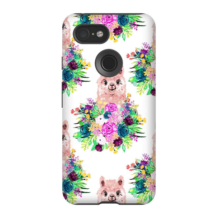 Pixel 3 StrongFit Cute Pink Alpaca and Flowers Watercolor paint by InovArts
