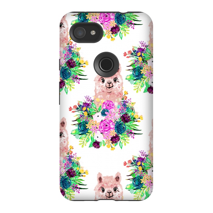 Pixel 3AXL StrongFit Cute Pink Alpaca and Flowers Watercolor paint by InovArts
