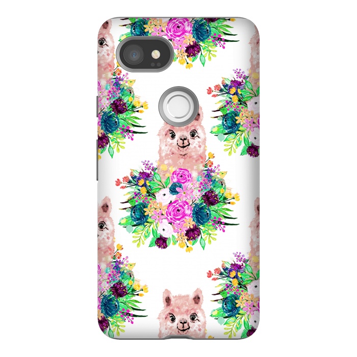 Pixel 2XL StrongFit Cute Pink Alpaca and Flowers Watercolor paint by InovArts