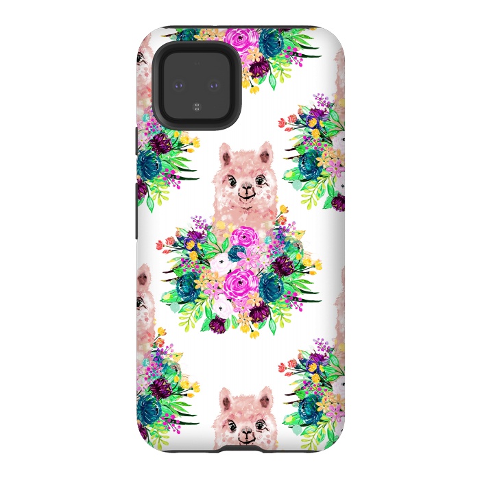 Pixel 4 StrongFit Cute Pink Alpaca and Flowers Watercolor paint by InovArts