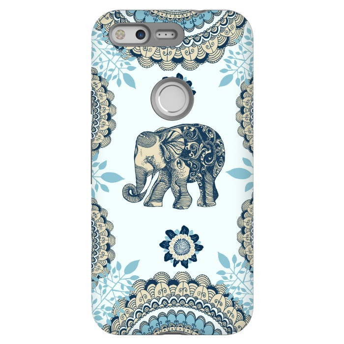 Pixel StrongFit Blue Floral Elephant  by Rose Halsey