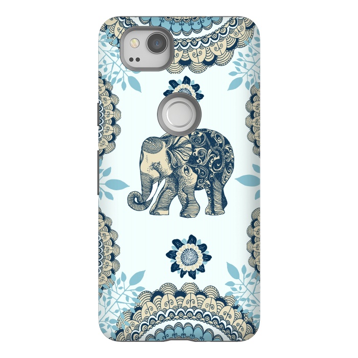 Pixel 2 StrongFit Blue Floral Elephant  by Rose Halsey