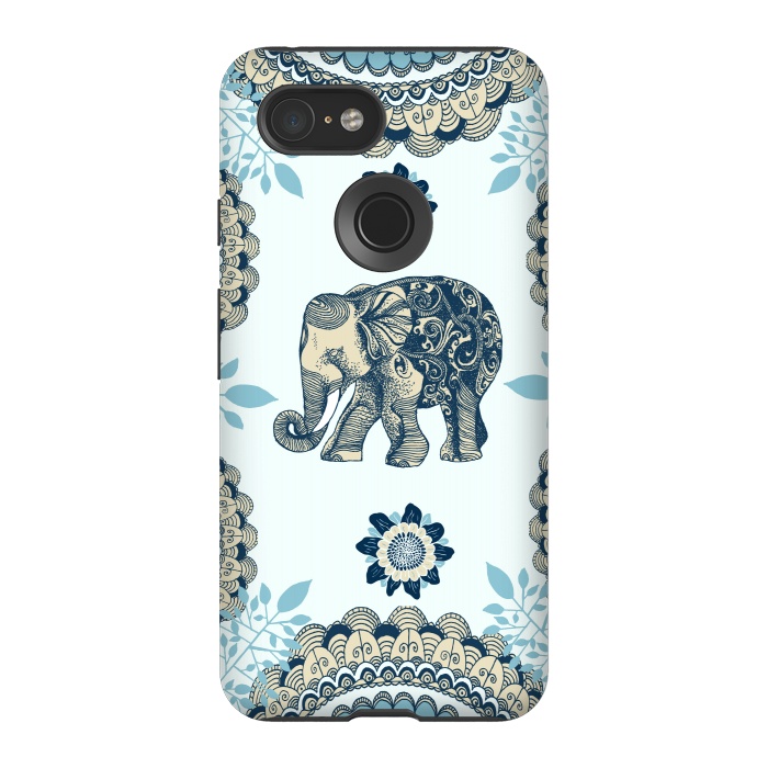 Pixel 3 StrongFit Blue Floral Elephant  by Rose Halsey